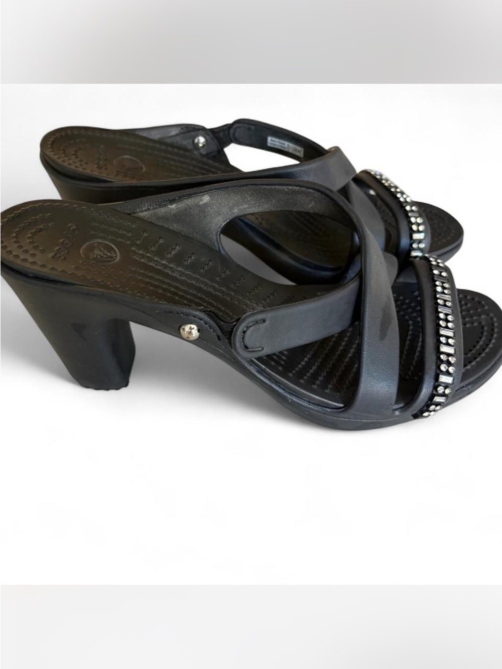 CROCS Black Jeweled Strappy Heeled Sandals - Picture 2 of 8